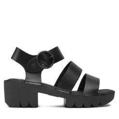 Sandały Fly London. Czarne sandały damskie Fly London, bez wzorów, bez obcasa, na słupku, bez zapięcia. Za 279.99 zł.