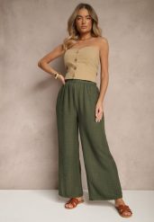 Ciemnozielone Spodnie Typu Palazzo High Waist o Szerokim Kroju Arathira. Zielone spodnie materiałowe damskie Renee, bez wzorów, z jeansu, eleganckie, z podwyższonym stanem. Za 39.99 zł.