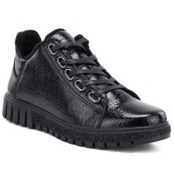 Skórzane botki damskie lakierowane czarne Vinceza 133122. Czarne botki damskie VINCEZA, bez wzorów, z lakierowanej skóry, eleganckie, bez obcasa, bez zapięcia. Za 199.99 zł.