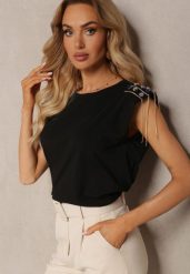 Czarny Top z Łańcuszkami i Kryształkami na Usztywnionych Ramionach Liefara. Czarne topy damskie Renee, s, bez wzorów, bez kołnierzyka, bez ramiączek. Za 44.99 zł.