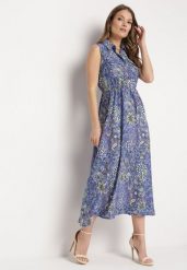 Niebiesko-Fioletowa Rozkloszowana Sukienka w Kwiaty bez Rękawów Syloria. Niebieskie sukienki damskie Born2be, na lato, l, bez wzorów, eleganckie, bez kołnierzyka, bez ramiączek, maxi, rozkloszowane. Za 64.99 zł.