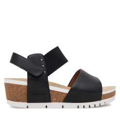 Sandały Josef Seibel. Czarne sandały damskie Josef Seibel, bez wzorów, bez obcasa, na koturnie, bez zapięcia. Za 279.99 zł.