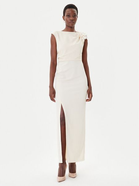 Rinascimento Sukienka wieczorowa CFC0020094002 Beżowy Slim Fit. Brązowe sukienki damskie Rinascimento, m, bez wzorów, z syntetyku, wizytowe, bez kołnierzyka, bez ramiączek. Za 459.99 zł.