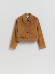 Skórzana marynarka - bursztynowy. Pomarańczowe marynarki i żakiety damskie Reserved, bez wzorów, ze skóry, bez kołnierzyka, bez ramiączek. Za 559.99 zł.