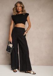 Czarne Bawełniane Haftowane Spodnie High Waist o Szerokim Kroju Milirelia. Czarne spodnie materiałowe damskie Renee, z aplikacjami, z bawełny, z podwyższonym stanem. Za 89.99 zł.