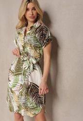 Zielono-Beżowa Sukienka z Bawełny z Krótkim Rękawem z Materiałowym Paskiem i Guzikami Pavilla. Zielone sukienki damskie Renee, do pracy, l, bez wzorów, z bawełny, biznesowe, bez kołnierzyka, bez ramiączek, midi, kopertowe. Za 69.99 zł.