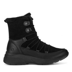 Trzewiki Remonte. Czarne botki damskie Remonte, bez wzorów, bez obcasa, na płaskiej podeszwie, bez zapięcia. Za 375.99 zł.