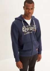 Bluza rozpinana z kapturem, z miękko szczotkowaną spodnią stroną. Niebieskie bluzy sportowe męskie bonprix, m, bez wzorów, z kapturem. Za 129.99 zł.