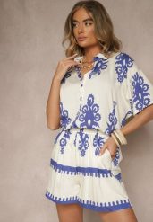 Niebieski Komplet z Rustykalnym Wzorem z Szortami i Koszulą Tosnea. Niebieskie koszule damskie Renee, xl, bez wzorów, eleganckie, bez kołnierzyka, bez ramiączek. Za 84.99 zł.