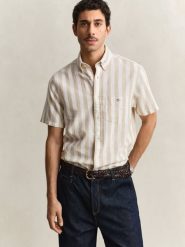 Gant Męska koszula z krótkim rękawem z lnu Mężczyźni Regular Fit Bawełna beżowy, L. Brązowe koszule męskie GANT, na lato, l, bez wzorów, z bawełny, eleganckie, bez kołnierzyka, bez ramiączek. Za 549.95 zł.