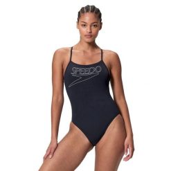 Strój kąpielowy damski Speedo End+ Logo Thin Strap. Czarne stroje kąpielowe damskie Speedo, bez wzorów, z materiału. Za 195.49 zł.