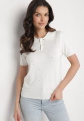 Biały T-shirt Polo Sweterkowe z Wiskozy Daliera. Białe t-shirty damskie Born2be, uniwersalny, z aplikacjami, z jeansu, eleganckie, bez kołnierzyka, bez ramiączek. Za 99.99 zł.