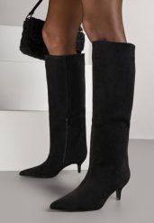 Czarne Kozaki na Kaczuszce z Elegancką Cholewką do Kolana Tesema. Czarne kozaki damskie Renee, bez wzorów, z jeansu, bez obcasa, na obcasie, bez zapięcia. Za 189.99 zł.