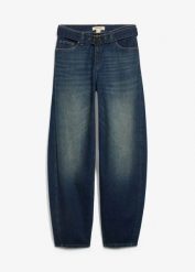 Jeansy barrel ze średnim stanem z paskiem. Niebieskie jeansy damskie bonprix, bez wzorów, z bawełny, długie. Za 179.99 zł.