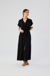 Czarna Długa Sukienka Rozpinana z Krótkim Rękawem. Czarne sukienki damskie MOE, l, bez wzorów, z materiału, bez kołnierzyka, bez ramiączek, maxi. Za 382.90 zł.