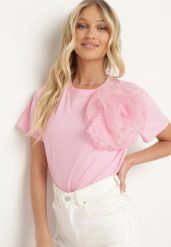 Różowy T-shirt Koszulka z Krótkim Rękawem i Aplikacją w Kształcie Kwiatu Nestairis. Czerwone bluzki damskie Born2be, m, z aplikacjami, klasyczne, bez kołnierzyka, bez ramiączek. Za 79.99 zł.