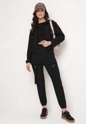 Czarny Komplet Dresowy Bluza Rozpinana i Spodnie Slim w Stylu Utility Telavienna. Czarne bluzy damskie Born2be, m, bez wzorów, z dresówki, eleganckie, bez ramiączek, bez kaptura. Za 84.99 zł.