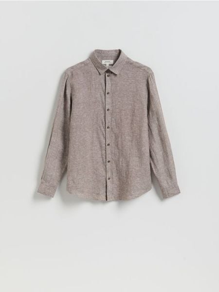 Lniana koszula slim fit - brązowy. Brązowe koszule męskie Reserved, l, bez wzorów, z tkaniny, bez kołnierzyka, bez ramiączek. W wyprzedaży za 69.99 zł.