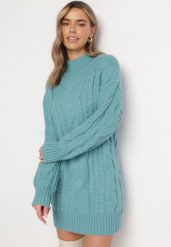 Miętowy Luźny Sweter w Warkoczykowy Splot Sentlia. Zielone swetry nierozpinane damskie Born2be, bez wzorów, ze splotem, bez kołnierzyka, bez ramiączek. Za 189.99 zł.