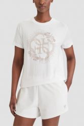 GUESS Biały damski t-shirt na krótki rękaw z cyrkoniami Corinne, Rozmiar XS. Białe t-shirty damskie Guess, xs, z aplikacjami, eleganckie, bez kołnierzyka, bez ramiączek. Za 239.99 zł.