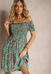 Zielona Hiszpanka Sukienka z Wiskozy w Kwiatowy Wzór z Gumką w Pasie Silemia. Zielone sukienki damskie Renee, na co dzień, l, bez wzorów, z wiskozy, eleganckie, bez kołnierzyka, bez ramiączek, mini, proste. Za 39.99 zł.