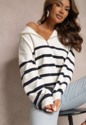 Biało-Granatowy Golf Sweter ze Ściągaczami w Paski Zapinany na Suwak Likatte. Białe swetry nierozpinane damskie Renee, m, bez wzorów, z wiskozy, casualowe, bez kołnierzyka, bez ramiączek. Za 119.99 zł.