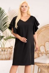 Sukienka wieczorowa z ozdobnymi rękawami ELIANA czarna. Czarne sukienki damskie KARKO, na imprezę, na lato, plus size, bez wzorów, z elastanu, eleganckie, bez kołnierzyka, plus size, bez ramiączek, midi, kopertowe. Za 89.50 zł.