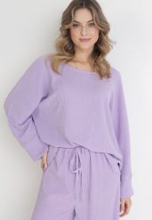 Fioletowa Bluzka z Szerokim Rękawem 7/8 Paulet. Fioletowe bluzki damskie Born2be, bez wzorów, eleganckie, bez kołnierzyka, bez ramiączek. Za 69.99 zł.