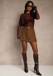 Brązowe Spódnico-Szorty High Waist z Ozdobnym Paskiem Korelea. Brązowe szorty damskie Renee, bez wzorów, klasyczne, z podwyższonym stanem. Za 109.99 zł.