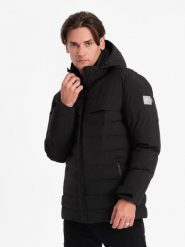 Zimowa kurtka męska z odpinanym kapturem - czarna V3 - Rozmiar: S. Czarne kurtki męskie Ombre Clothing, na zimę, m, bez wzorów. W wyprzedaży za 99.99 zł.