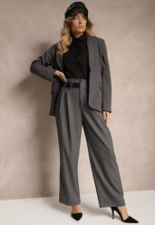 Szare Szerokie Spodnie Garniturowe z Wiskozą High Waist Ozdobione Paskiem Elowanda. Szare spodnie materiałowe damskie Renee, bez wzorów, z jeansu, eleganckie, z podwyższonym stanem. Za 99.99 zł.