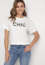 Biały T-shirt Bawełniany z Napisem i Perełkami Nalinor. Białe t-shirty damskie Born2be, m, bez wzorów, z bawełny, eleganckie, bez kołnierzyka, bez ramiączek. Za 34.99 zł.