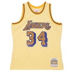 Koszulka NBA Los Angeles Lakers Shaquille O’Neal 1996/97. Żółte bluzki damskie Mitchell & Ness, bez wzorów, sportowe, bez kołnierzyka, bez ramiączek. Za 616.50 zł.