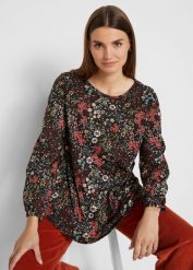 Tunika shirtowa z nadrukiem, z bawełny. Czarne tuniki damskie bonprix, bez wzorów, z bawełny, eleganckie, bez ramiączek. Za 89.99 zł.