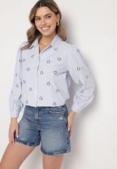 Niebiesko-Czarna Bawełniana Koszula z Ozdobnym Haftem Doviene. Niebieskie koszule damskie Born2be, l, bez wzorów, z bawełny, eleganckie, bez kołnierzyka, bez ramiączek. Za 59.99 zł.