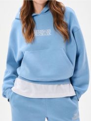 Bluza hoodie z haftowanym napisem - niebieski. Niebieskie bluzy damskie Sinsay, l, bez wzorów, bez ramiączek, bez kaptura. Za 39.99 zł.