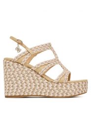 Guess Sandały FLJERS FAB04 Beżowy. Brązowe sandały damskie Guess, z aplikacjami, z materiału, bez obcasa, na koturnie, bez zapięcia. Za 679.99 zł.