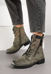 Zielone Botki Workery ze Sznurowaniem i Zapięciem na Suwak Vemida. Zielone botki damskie Born2be, bez wzorów, z jeansu, eleganckie, bez obcasa, na płaskiej podeszwie, bez zapięcia. Za 149.99 zł.