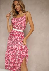 Różowa Bawełniana Sukienka w Geometryczny Wzór Koloniela. Czerwone sukienki damskie Renee, na co dzień, l, bez wzorów, z bawełny, eleganckie, bez kołnierzyka, bez ramiączek, midi. Za 39.99 zł.