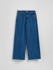 Jeansy wide leg z ozdobną wstawką - niebieski. Niebieskie jeansy damskie Reserved, bez wzorów, z bawełny. W wyprzedaży za 69.99 zł.