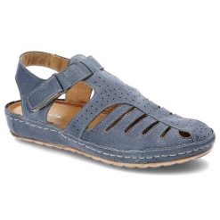 Niebieskie Sandały Maciejka Skórzane Buty Damskie. Niebieskie sandały damskie Maciejka, bez wzorów, z denimu, bez obcasa, bez zapięcia. Za 279.00 zł.