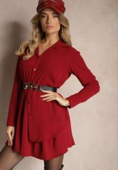 Bordowa Koszulowa Sukienka o Asymetrycznym Rozkloszowanym Kroju z Gumką w Talii Eloriana. Czerwone sukienki damskie Renee, na co dzień, bez wzorów, eleganckie, z asymetrycznym kołnierzem, bez ramiączek, mini, asymetryczne. Za 69.99 zł.