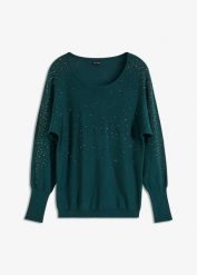Cienki sweter z aplikacją ze sztrasów. Zielone swetry nierozpinane damskie bonprix, z aplikacjami, bez kołnierzyka, bez ramiączek. Za 124.99 zł.