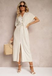 Beżowa Sukienka z Bawełny z Górą o Koszulowym Kroju Ściągana w Pasie Viklia. Brązowe sukienki damskie Renee, na co dzień, l, z aplikacjami, z bawełny, eleganckie, bez kołnierzyka, bez ramiączek, maxi, koszulowe. Za 89.99 zł.
