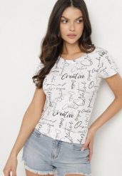 Biały T-shirt z Bawełny Zdobiony Nadrukiem z Napisami Mirindela. Białe t-shirty damskie Born2be, l, z aplikacjami, z bawełny, eleganckie, bez kołnierzyka, bez ramiączek. Za 29.99 zł.
