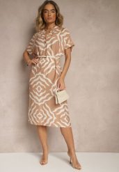 Beżowa Sukienka z Wiskozą Lnem i Geometrycznym Wzorem Sadelive. Brązowe sukienki damskie Renee, na co dzień, na lato, l, bez wzorów, z wiskozy, eleganckie, bez kołnierzyka, bez ramiączek, midi. Za 59.99 zł.