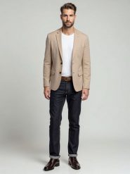 Elegancka męska marynarka SLIM FIT z rayonem – beżowa V2 OM-BLZB-0135 - XXL. Brązowe garnitury męskie Ombre Clothing, l, bez wzorów, z materiału, eleganckie. Za 359.99 zł.