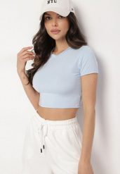 Jasnoniebieski T-shirt z Wiskozą o Dopasowanym Kroju Typu Crop Top Folirra. Niebieskie t-shirty damskie Born2be, m, bez wzorów, z jeansu, klasyczne, bez kołnierzyka, bez ramiączek. Za 39.99 zł.