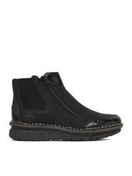 Rieker Botki CEO-73355-00 Czarny. Czarne botki damskie Rieker, bez wzorów, ze skóry, bez obcasa, na płaskiej podeszwie, bez zapięcia. Za 349.99 zł.