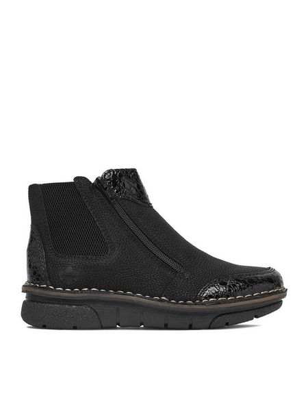 Rieker Botki CEO-73355-00 Czarny. Czarne botki damskie Rieker, bez wzorów, ze skóry, bez obcasa, na płaskiej podeszwie, bez zapięcia. Za 349.99 zł.